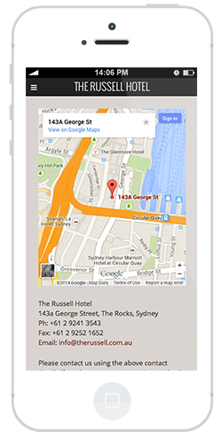 Russell hotel iphone site by intervision design